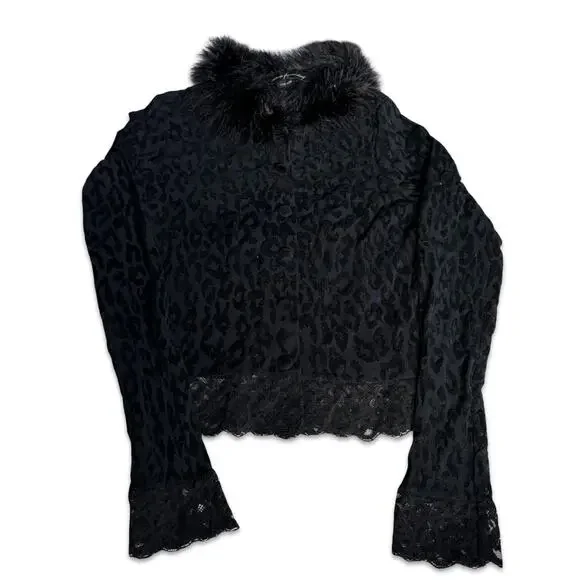 Vintage Ann Ferriday Leopard Print Lace Top Faux Fur Collar Sheer Black Gothic - Picture 6 of 10